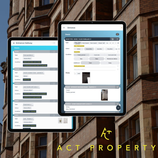ACT Property portfolio image with Samsung tablet screenshots