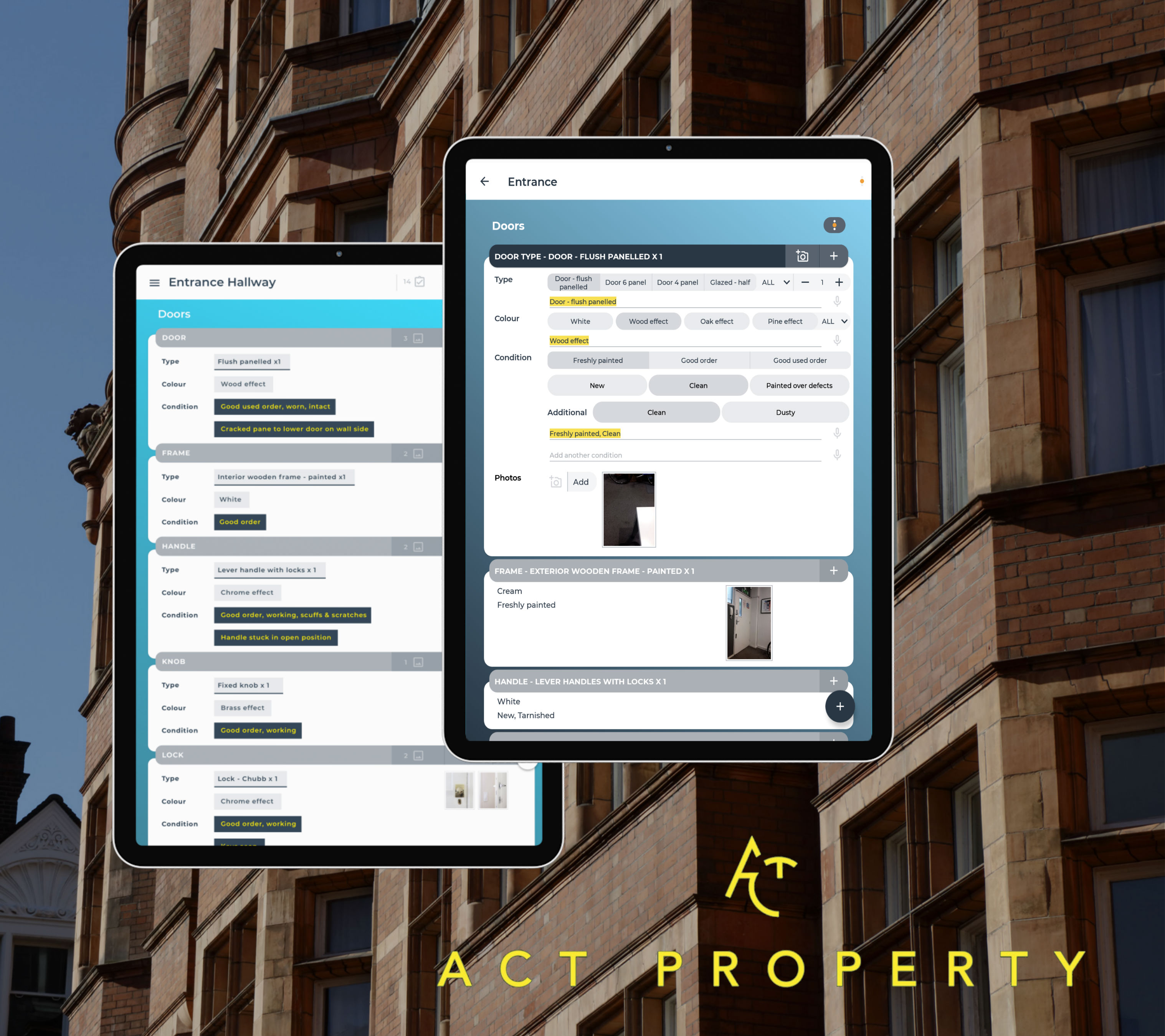 ACT Property portfolio image with Samsung tablet screenshots