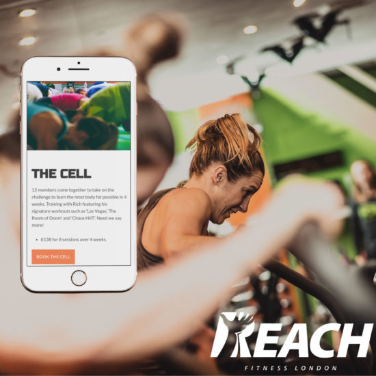 Reach Fitness portfolio image with iPhone 8 screenshot